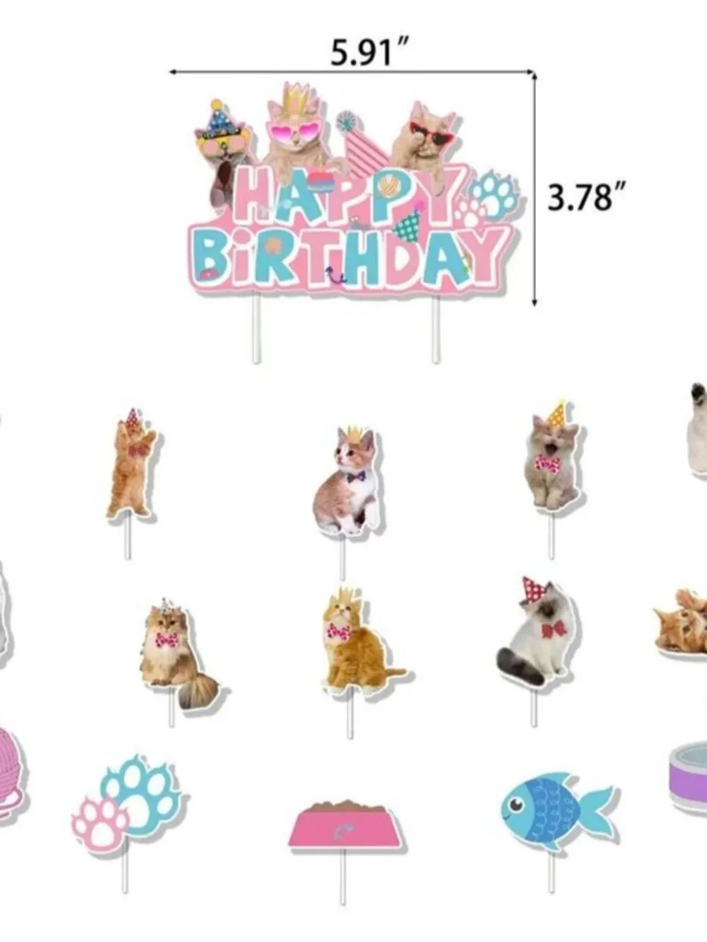 Cat Birthday Party Decorations Set – Pink and Blue Banner & Cupcake Toppers, Pet
